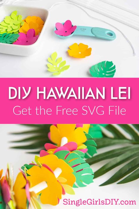 Make a paper Hawaiian lei necklace that will last much longer than the real thing! These colorful flower necklaces are made with a free SVG file and a Cricut machine. Perfect for a tropical pool party at home or a backyard luau. #Hawaii #tropical #cricut #lei Hawaiian Lei Craft For Kids, Luau Leis Diy, Make Your Own Hawaiian Lei, Hawaiian Necklace Flower Diy, Luau Preschool Theme, Paper Leis Diy, Tropical Crafts For Kids, Luau Classroom Party, Hawaiian Crafts For Kids