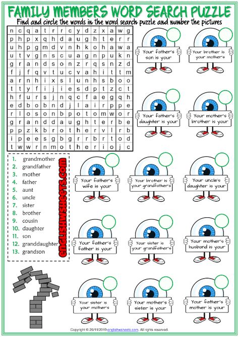 Family Members ESL Word Search Puzzle Worksheet For Kids Members Of The Family Worksheet For Kids, Family Members Worksheet For Kids, English Excercise, Family Members Worksheet, School Rules Activities, Vocabulary Games For Kids, Teacher Goals, Dictionary For Kids, Word Search Puzzles Printables