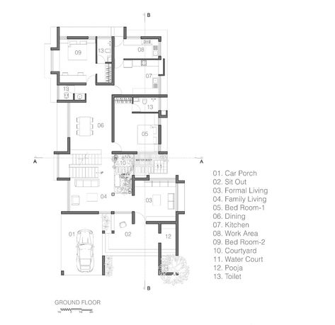 A Utilitarian House Transformed Into A Tropical Living Space | NO Architects Designers  - The Architects Diary Bead Tree, Kerala House, Small House Elevation, Tropical Living, Small House Elevation Design, Courtyard House Plans, Indian Home Design, Kerala House Design, Architectural Floor Plans