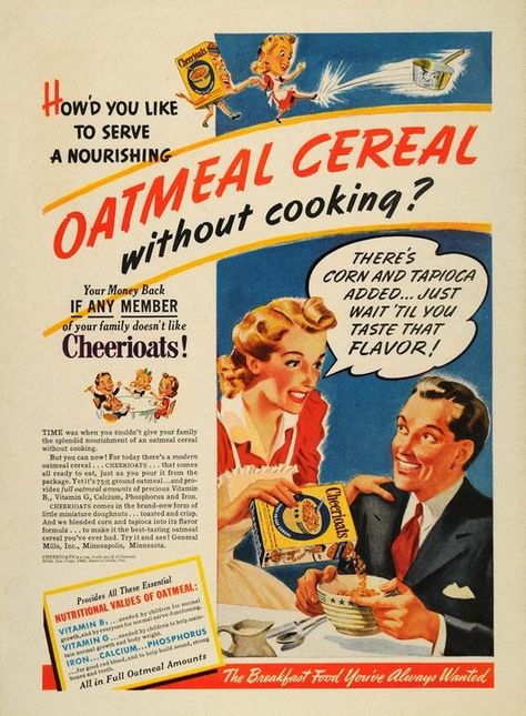 Vintage Cheerioats Advertisement (pre-Cheerios name change) House Bar Decor, Oatmeal Cereal, Game Rooms, Food Ads, Retro Ads, Man Caves, Home Bar Decor, Retro Recipes, Old Ads