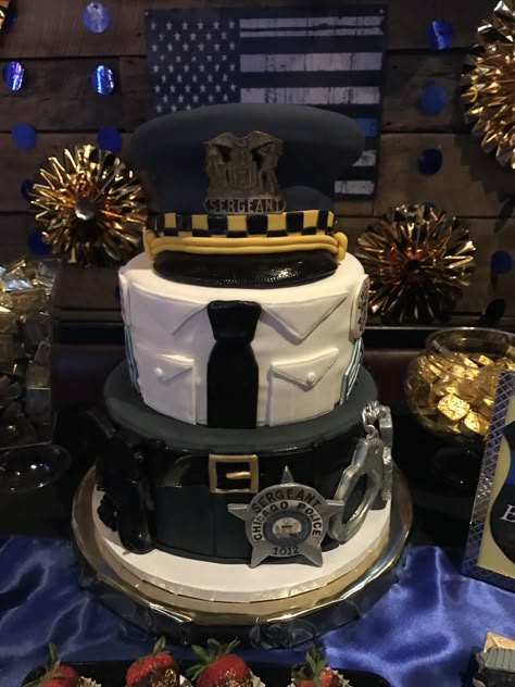 Police cake, law enforcement cake, sergeant, promotional cake, uniform, hat, gun, handcuffs Sergeant Promotion Party, Police Sergeant Promotion Party, Police Retirement Party Ideas Centerpieces, Police Promotion Party, Law Enforcement Cake, Police Retirement Cake, Police Retirement Party Ideas, Policeman Cake, Policeman Birthday Party