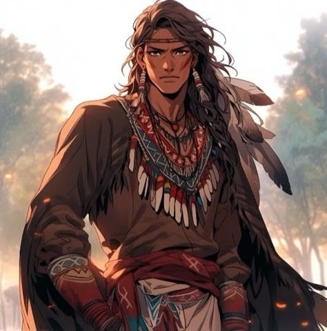 Anime Native American Guy, Native American Anime Characters, Native Dnd Character, Native American Faceclaim, Native American Digital Art, Native American Male Art, Native American Men Art, Anime Native American, Native American Character Art