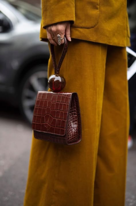 . Mustard Pants, Embossed Bag, Kelly Bag, Brown Purses, Prada Handbags, Winter Trends, Brown Bags, Camel Color, 가을 패션