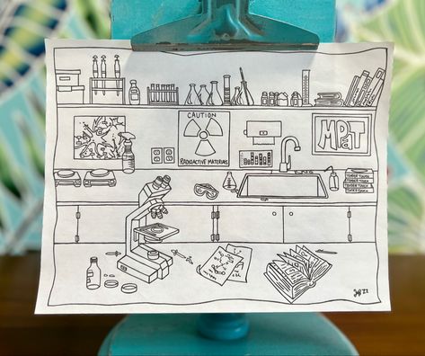 Coloring sheet of a science lab. Fun for all ages and fun to draw Science Lab Drawing Reference, Science Lab Drawing, Lab Drawing, Bench Drawing, Biology Drawing, Physics Lab, Science Room, Drawing Competition, One Point Perspective