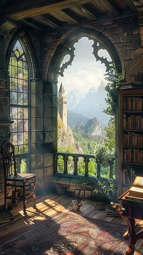 Majestic study room of the king overlooking his kingdom.  #king #study #alcove #castle #medieval #kingdom Cozy Castle Interior, Fantasy Interior Art, Medieval Kingdom Art, Light Medieval Aesthetic, Fantasy Castle Room, Fantasy Library Exterior, Castle Rooms Bedrooms, Royal Study Room, Castle Courtyard Aesthetic