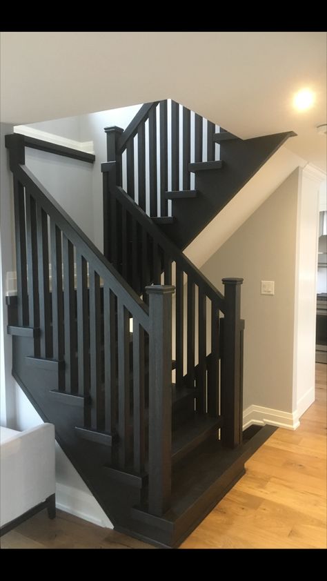 Black Stair Spindles With Wood Railing, Dark Grey Spindles Staircase, Dark Banister White Spindles, Painting Stair Spindles Black, Ebony Stained Stairs, Staircase Redo, Painted Wood Stairs, Banister Ideas, Painted Stair Railings