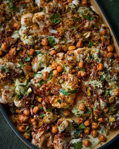 Cauliflower Steak, Roasted Cauliflower Steaks, Crunchy Chickpeas, Caramelized Shallots, Cauliflower Steaks, Tahini Sauce, Roasted Chickpeas, Cauliflower Recipes, Roasted Cauliflower