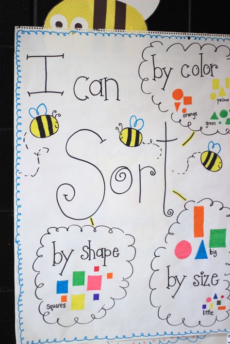 This anchor chart is a great way to organize sorting. I think I will prep it ahead of time, and have the class organize the shapes and glue them in the bubbles. Toothpicks And Marshmallows, Math Sort, Kindergarten Anchor Charts, Sorting Mats, Math Patterns, Shape Sort, Math Charts, Classroom Anchor Charts, Math Anchor Charts