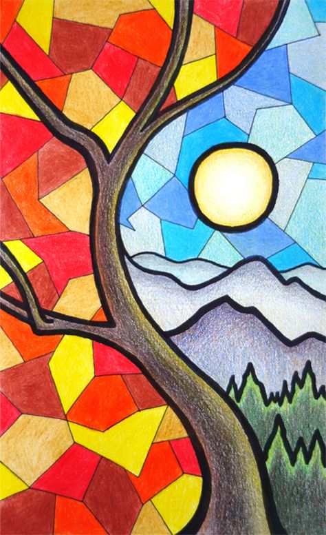 Colored Pencil & Ink, Southern California, 2018 Landscape With Colored Pencils, Colorful Simple Art, Color Pencil And Marker Art, Warm Colors Drawing, Geometric Painting Ideas, Elementary School Art Projects, Color Pencil Art For Beginners, Colored Pencil Sketches, Pastel Art Ideas