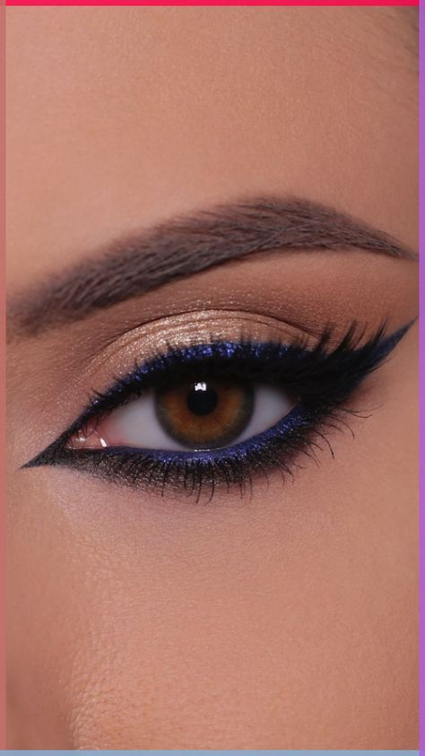 Eye Makeup Looks For Blue Dress, Blue Dress Outfit Makeup, Eye Makeup With Blue Eyeliner, Black Blue Eye Makeup, Eye Makeup Colorful Simple, Blue Black Eye Makeup, Eye Makeup Looks For Blue Eyes, Brown Eyes Blue Makeup, Makeup With Blue Outfit