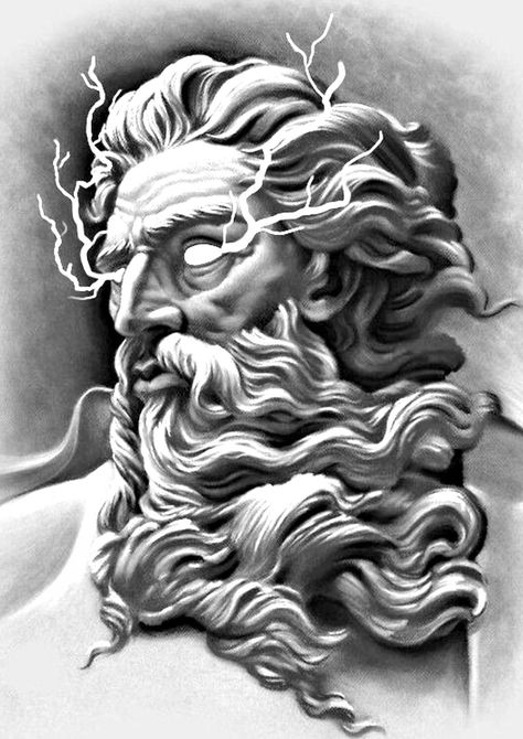 Zeus Drawing Sketch, Zues Tattoo Designs, Zeus Tattoo Stencil, Greek God Tattoo Design, Greek God Tattoo Ideas, Zues Tattoo Mythology, Zeus Drawing, Zeus Tattoo Design, Chest Tattoo Lettering