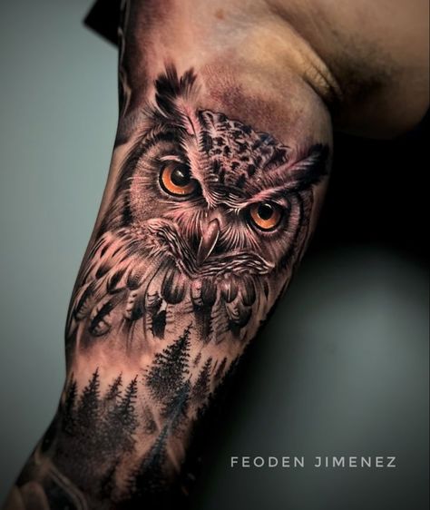 Realistic Owl Tattoo Design, Owl Shoulder Tattoo, Realistic Owl Tattoo, Owl Tattoo Sleeve, Wolf Tattoos For Women, Suit Tattoo, Sagittarius Symbol, Biblical Tattoos, Tattoos Arm