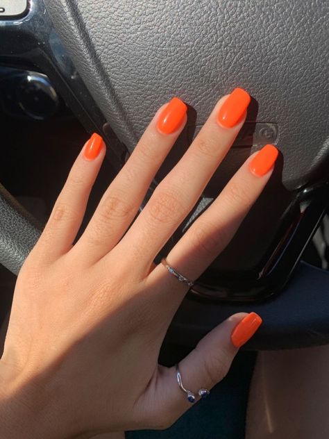 nail inspo. orange nails. acrylics. gel polish Short Square Acrylic Nails Color, Orange Nails Coffin Short, Neon Orange Nails Coffin, Orange Nails With Nail Art, Nails Acrylic Orange Neon, Short Bright Orange Nails, Orange Classy Nails, Plain Orange Nails Acrylic, Preppy Nails Orange