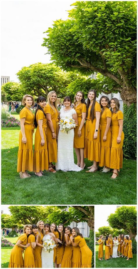 Salt Lake City Temple Wedding | Rachel & Rogelio | Utah Wedding Photographer | em & co photography Mustard yellow bridesmaids dresses Mustard Yellow Bridesmaid Dresses, Mustard Bridesmaid Dresses, Yellow Bridesmaids Dresses, Salt Lake City Temple Wedding, Mustard Yellow Bridesmaid Dress, Tan Groomsmen, Mustard Yellow Outfit, Marigold Dress, Salt Lake City Temple