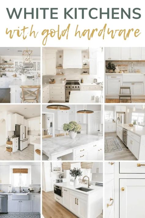 Elevate your kitchen style with these 10+ gorgeous white kitchens adorned with elegant gold hardware accents. Discover the perfect blend of timeless sophistication and modern flair. Get inspired for your dream kitchen makeover! Kitchens With Gold Hardware, White Kitchen Brass Hardware, Dark Countertops White Cabinets, Kitchen Countertops Colors, Kitchen Hardware White Cabinets, White And Brass Kitchen, Gold Kitchen Hardware, Gorgeous White Kitchen, Brass Kitchen Hardware