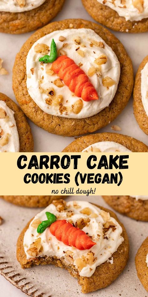 Vegan carrot cake cookies that taste just like classic carrot cake but as thick and soft cookies! They are made with simple ingredients and come together in one bowl. Classic Carrot Cake, Spiced Cake, Vegan Carrot Cake, Soft Cookies, Carrot Cake Cookies, Vegan Baking Recipes, Vegan Cookies Recipes, Vegan Carrot Cakes, Vegan Bakery