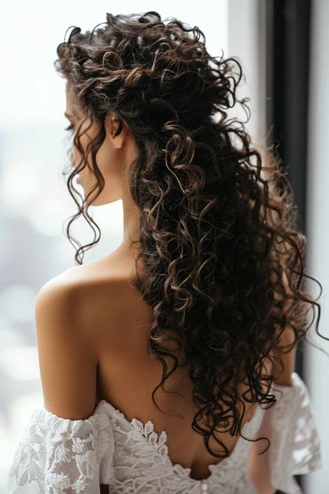 Wedding Hairstyles: Half-up, half-down - HandsomeWedding Curly Brown Wedding Hair, Long Curly Wedding Hair With Veil, Bride Hairstyles For Curly Hair Natural Curls, Wedding Hair Curly Down, Long Curly Wedding Hairstyles, Formal Hairstyles For Curly Hair, Wavy Wedding Hairstyles, Natural Curly Hair Hairstyles, Curly Hairstyles Wedding