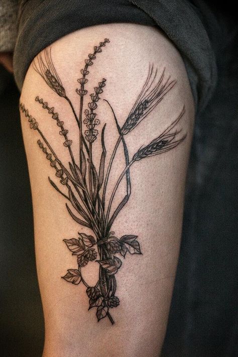 flower-plant-botanical-tattoos-alice-carrier-37 Barley Tattoo, Wheat Tattoo, Bread And Roses, Tattoo Fonts Cursive, Cursive Tattoos, Bouquet Tattoo, Wonderland Tattoo, Roses Tattoo, Flower Sleeve