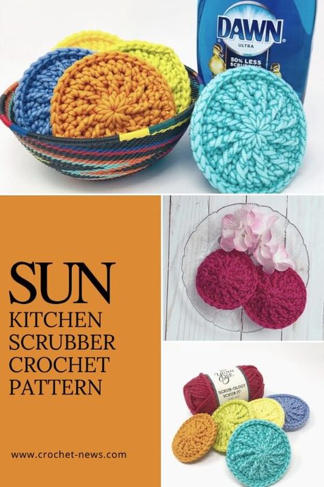 The Sun Kitchen Scrubber Crochet Pattern creates a double sided dish scrubber that can be used for your kitchen or bathroom scrubbing needs.#crocehetpattern #crochet #crochetideas #freecrochet Dish Scrubber Crochet, Scrubology Scrub It Yarn Patterns Free, Crochet Dish Scrubbies Pattern Free, Crochet Dish Scrubbies, Scrubby Crochet Pattern, Sun Kitchen, Scrubby Yarn Crochet Patterns, Crochet Dish Scrubber, Scrubby Yarn Crochet