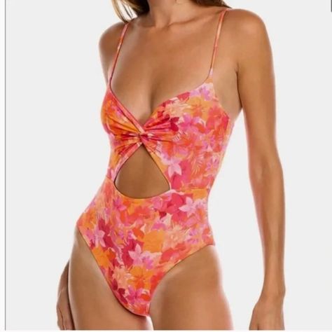 Sexy, Wireless One Piece Swimsuit Features A Warm-Hued Floral Print On Glossy Microfiber Knit With Flirty Cut-Outs At Front And Back. Made Of Econyl Regenerated Nylon And Spandex. Wireless Cups Have Microfiber Lining. Diamond-Shaped Cut-Out At Center. Base Of Neckline Twists To Create Knot. V-Neckline Has Covered Elastic Edge For Fit. Top Back Secures With Matte Goldtone Metal S-Hook And Adjusts With Three Casings. Center Pull, Covered Elastic Straps Fully Adjust With Matte Goldtone Metal Hardwa Strappy Swimwear, Tropical Swimsuits, Black Bandeau, Malibu Barbie, Floral One Piece Swimsuit, Holiday Resort, Cut Out Swimsuits, Floral One Piece, Yacht Boat