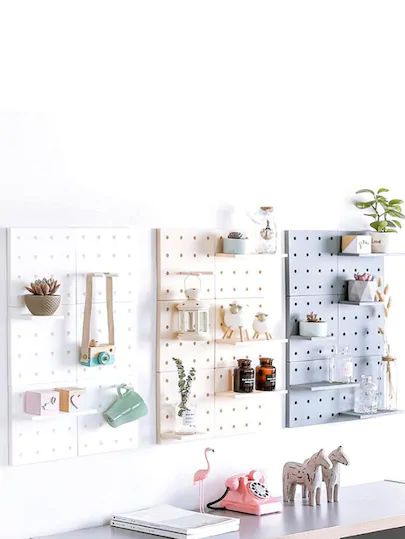 Home | Home Online | SHEIN Pegboard Ideas, Pegboard Storage, Peg Boards, Diy Wand, Plate Storage, Board Storage, Mounted Shelves, Shelves In Bedroom, Living Room Accessories