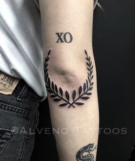 Wreath Elbow Tattoo, Elbow Wreath Tattoo, Knee Wreath Tattoo, Olive Branch Tattoo Mens Knee, Laurel Wreath Tattoo Knee Men, Elbow Crook Tattoo, Laurel Wreath Tattoo, Wreath Tattoo, Bird Tattoo Wrist