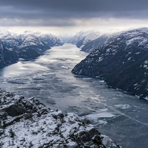 Outdoorlife Norway on Instagram: "WOAH! It’s not very often that we get sea ice in this neck of the woods! Our guide @erlendberne captured this image on January 20. . . Join us on a hike and experience the stunning beauty of the Lysefjord this winter | 🥾 Booking Link in Bio . . . #norway #preikestolen #pulpitrock #lysefjord #visitnorway #destinasjonryfylke #stavanger #regionstavanger #fjordnorway #fjord #mountain #thegreatoutdoors #guidedtour #ilovenorway #mittnorge #wanderlust #outdoorlifenorw Norway Mountains Winter, Fjord Aesthetic, Norway Winter, Norway Nature, 2023 Ideas, Norway Fjords, Landscape Inspiration, Sea Ice, Visit Norway