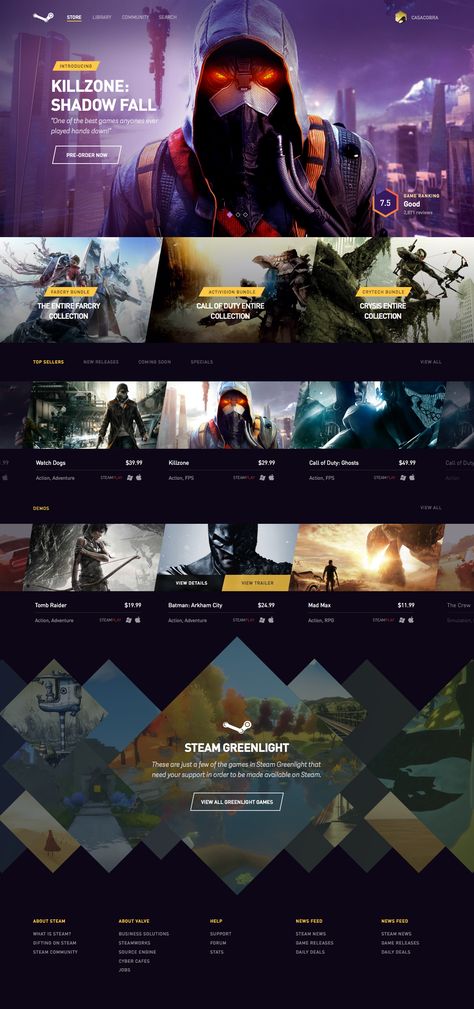 Steam redesign by Aaron Sananes via Dribbble Game Studio Website, Gaming Website Design, Web Design Examples, News Web Design, Publicidad Creativa, Web Ui Design, Modern Website, Website Design Layout, Web Inspiration