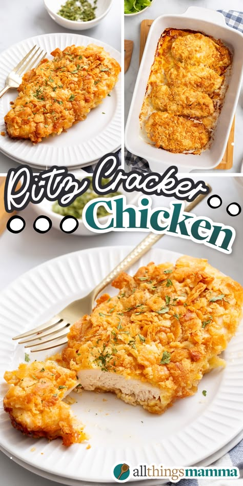 Ritz Cracker Chicken collage image pin. Ritz Cracker Chicken Recipes, Ranch Ritz Cracker Chicken, Ritz Breaded Chicken, Club Cracker Chicken, Quick Skillet Chicken Recipes, Ritz Cracker Chicken With Mayo, Chicken Ritz Crackers Baked, Baked Ritz Cracker Chicken, Chicken For A Party