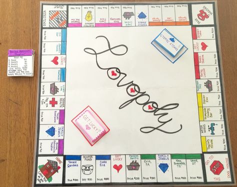 Valentine's Monopoly board! Handmade Monopoly Board, Couple Monopoly, Monopoly Diy Ideas, Homemade Monopoly Board, Diy Monopoly Board Ideas, Diy Monopoly Board, Monopoly Board Ideas, Homemade Monopoly, Diy Board Game Ideas