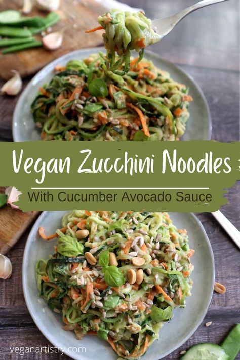 Raw Vegan Zucchini Noodles, Vegan Zoodle Recipes, Raw Vegan Pasta, Raw Veganism, Vegan Pasta Noodles, Zucchini Pesto Pasta, Raw Zucchini, Cucumber Sauce, Cucumber Noodles