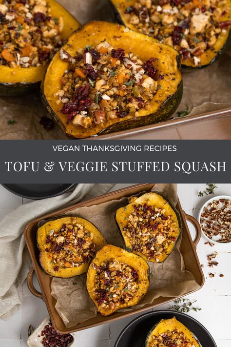 Vegan Stuffed Squash Thanksgiving, Veggie Stuffed Acorn Squash, Acorn Squash Recipes Vegetarian, Plant Based Acorn Squash Recipes, Stuffed Squash Recipes Vegan, Vegan Stuffed Squash Recipes, Tofu Squash Recipe, Stuffed Butternut Squash Vegan, Stuffed Acorn Squash Vegan