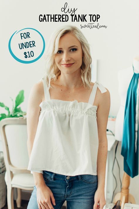 DIY gathered tank top for under $10 by Jenny Bess at Sweet Teal. #diyclothing #diytop #gatheredtop #shonajoy #didiertop Tank Top Sewing Pattern, Cut Hoodies, Tank Tops Diy, Shirt Makeover, Cut Up Shirts, Diy Tank, Tank Top Pattern, Sewing Clothing, Diy Tops