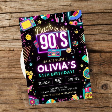 Editable Back to the 90s Birthday Invitation 🎉🕹 Step into nostalgia with this vibrant retro-inspired birthday invite! Perfect for texting, emailing, or printing—instant download and fully customizable. 🎨✨ ✔️ 90s Digital Invitation ✔️ Text Message Invitation ✔️ Evite/ E-Card ✔️ Retro Animated Video Invite ✔️ Editable Canva Template 📥 Instant Download | 📱 Customize on your phone, tablet, or computer! Perfect for any 90s themed party or event! 🎮🎧 #90sParty #RetroVibes #DigitalInvitation #Edita... Birthday Party 90s Theme, 90s Birthday Invitation, 90s Themed Party, 90s Birthday, Text Message Invitations, 90s Theme Party, Back To The 90s, 34th Birthday, 90s Theme