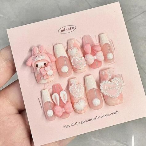 Just found this amazing item on AliExpress. Check it out! $66.22 25％ Off | Kawaii New Sanrios Rabbit My Melody Carving Handmade Press on Nails Full Cover Nail Tips Detachable DIY Manicure Kawaii Pink Nails, Nail Kawaii, Anime Nail Art, Anime Nail, Fake Nails Designs, Hello Nails, Asian Nails, Cute Simple Nails, Anime Nails