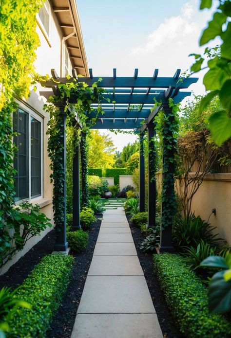 30 Narrow Side Yard Landscaping Ideas To Transform Your Outdoor Space Landscape On Side Of House, House Side Landscaping, Narrow Side Yard Landscaping Ideas, Backyard Side Yard Ideas, Narrow Front Yard Landscaping, Small Front Lawn Landscape Ideas, Side Walk Landscaping, Walking Paths Landscape, Side Yard Walkway Ideas