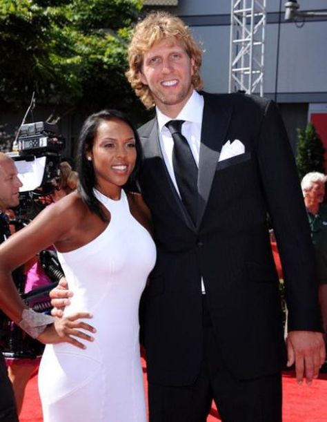 NBA star Dirk Nowitzki married Jessica Olsson, sister of twin Swedish footballers Martin and Marcus Olsson, in 2012. Their first daughter, Malaika, was born in 2013. White Men With Tattoos, Famous Interracial Couples, Interracial Celebrity Couples, Men With Tattoos, White Celebrities, Mixed Race Couple, Interracial Couples Bwwm, Black Woman White Man, Interracial Family