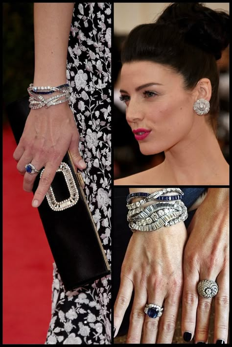 Jessica Pare's antique and vintage Fred Leighton jewels at the 2014 Met Gala: sapphire and diamond bracelets, rings, and earrings. Fred Jewels, Jessica Pare, Red Carpet Jewelry, Lorraine Schwartz, Fred Leighton, Jewelry Crown, Celebrity Jewelry, Big Jewelry, Jewelry Styles