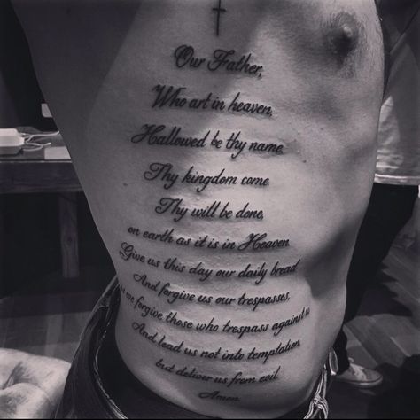 Pro hockey player Matt Beleskey's newest tattoo by Luke Wessman. Our fathers prayer on ribs. Lettering tattoo on ribs. Words on ribs. Athlete tattoos. Script Tattoo Men, Athlete Tattoos, Quotes For Athletes, Letters Quotes, Tattoo Rib, Rib Tattoos For Guys, Scripture Tattoos, Motivational Tattoos, Bible Tattoos