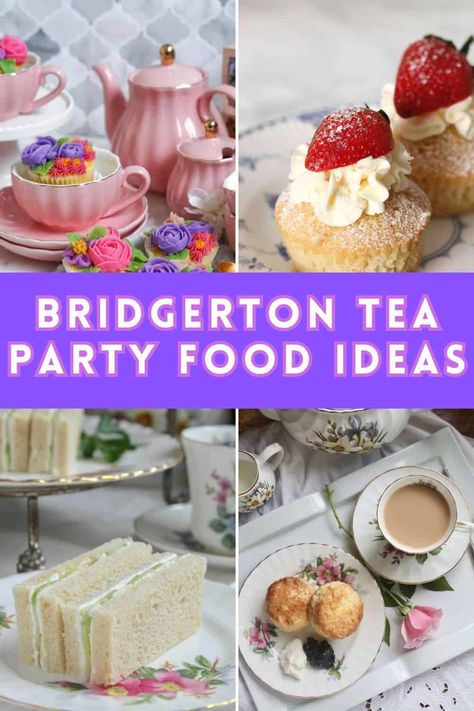 Bridgerton Themed Party Ideas: Food, Tea, Decor & More Bridgerton Sandwiches, Womans Party Ideas, Bridgerton Afternoon Tea Ideas, Bridget Ton Tea Party, Tea Brunch Party, Bridgerton Dessert Ideas, Bridgerton High Tea Party, Tea Time Decor, Regency Era Food