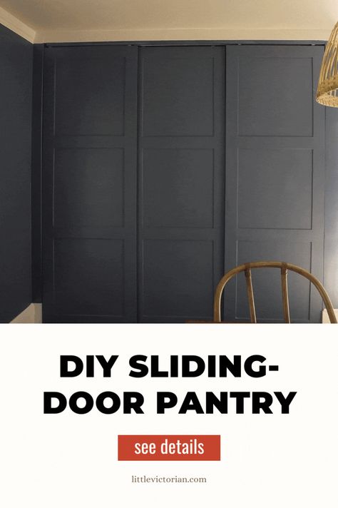 Empty Living Room Wall, Built In Pantry Cabinet Wall, Ikea Sliding Door, Empty Living Room, Shallow Pantry, Sliding Pantry Doors, Floor To Ceiling Cabinets, Sliding Cabinet Doors, Diy Cabinet Doors