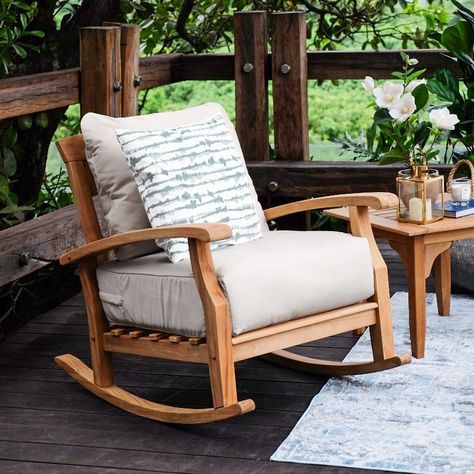 Cambridge Casual Leon Teak Patio Rocking Chair - Bed Bath & Beyond - 28080464 Teak Rocking Chair, Outdoor Rocking Chair, Solid Wood Chairs, Natural Teak Wood, Patio Rocking Chairs, Patio Style, Beige Cushions, Outdoor Rocking Chairs, Rocking Chairs