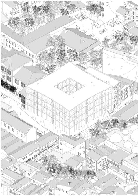 ISTANBUL COMUNITY MARKET Architecture Axonometric Illustration, Black And White Axonometric Architecture, Axo Drawing Architecture, Isometric Building Architecture, Structural Axonometric Architecture, Architectural Perspective Drawing, Building Perspective Drawing, Architecture Axonometric Drawing, Architectural Axonometric