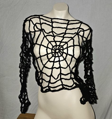 These are handmade, one off garments that are stretchy cobweb crochet.  This one is black yarn with a glittery fleck that catches the light. Not metallic, the sparkly thread is more of a glossy black that runs through the normal yarn. I have made 2 sizes of this- S which is suitable for UK ladies size 8-12, they are very stretchy, shown here on manikin size 10. Or size M which is suitable for UK ladies size 10-14, again loads of stretch so probably could go a size more if you don't mind it stret Crochet Cobweb, Spider Fashion, Goth Crochet, Goth Spider, Crochet Halloween, Crochet Jumper, Black Goth, Crochet Girls, Evil Queen