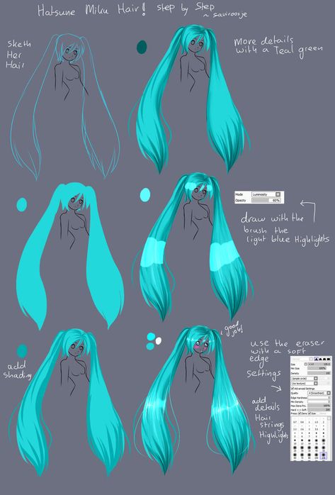 Step By Step - Hatsune Miku Hair TUT by Saviroosje on deviantART Miku Hair, Some Drawings, Digital Painting Techniques, Hair Anime, Digital Painting Tutorials, Anime Drawings Tutorials, Art Tutorials Drawing, Digital Art Tutorial, Drawing Base