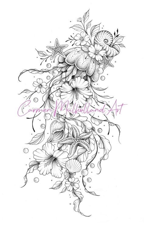 Arm Tattoos For Women Animals, Sharks And Flowers Tattoo, Floral Aquatic Tattoo, Sea Floral Tattoo, Mermaid Ocean Sleeve Tattoo, Aquatic Flower Tattoo, Floral Sea Tattoo, Beach Theme Half Sleeve Tattoo, Beachy Sleeve Tattoos For Women