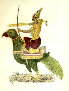 Kamadeva,  the handsome young Hindu God of Love, rides a green parrot. He shoots stinging arrows of desire from his bow made from sweet sugarcane, laced with a string of honey bees. Mysore Painting, Parrots Art, School Painting, Indian Painting, Vedic Art, Tanjore Painting, Hindu Mythology, Indian Folk Art, Indian Paintings