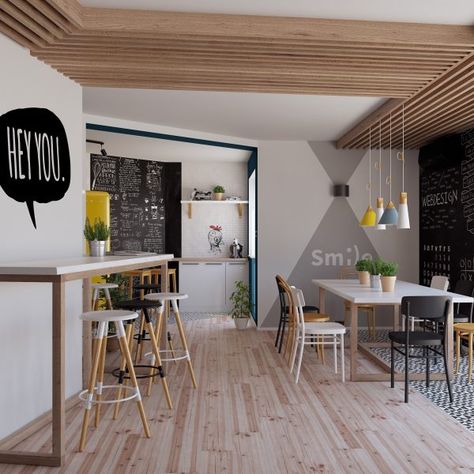 Dev Labs – Area to eat lunch and relax. – Quattro Studio Office Dining Area, Break Room Design, Office Canteen, Staff Lounge, Office Break Room, Office Wall Design, Church Interior Design, Student Room, Staff Room