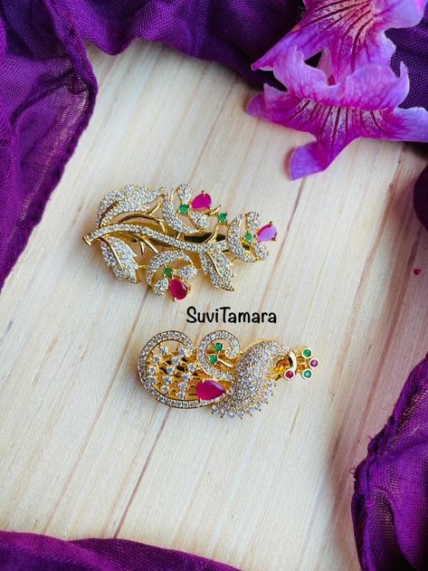 First quality gold plated saree pins or saree brooches with AD stones. Saree pins are used as an add on accessory with sarees or dresses and also used to keep the saree pleats in place. Saree Pins Brooches, Plated Saree, Saree Brooch, Saree Pins, Brooch Pin, Brooches, Ear Cuff, Gold Plate, Plating