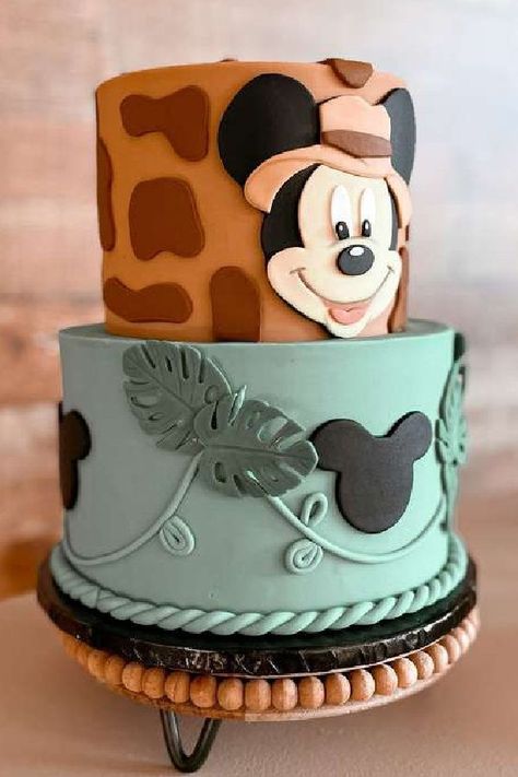 Check out this fun Mickey Mouse safari birthday party! The cake is awesome! See more party ideas and share yours at CatchMyParty.com Mickey Safari Balloon Garland, Safari Mickey Mouse Party Birthday, Mickey's Safari Birthday, Wild One Mickey Safari, Mickey Safari Birthday Cake, Mickey Mouse Safari Birthday Cake, Disney Safari Birthday, Mickey Mouse Safari Cake, Mickey Safari Cake